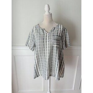 Sage and Cream Striped Textured Popover Blouse Top XL